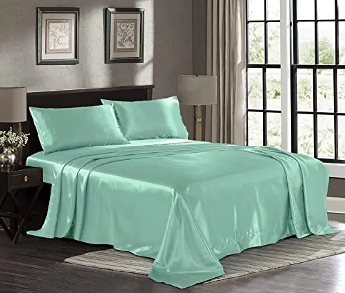 Satin Sheets Full [4-Piece, Turquoise] Hotel Luxury Silky Bed Sheets - Extra Soft 1800 Microfiber Sheet Set, Wrinkle, Fade, Stain Resistant - Deep Pocket Fitted Sheet, Flat Sheet, Pillow Cases