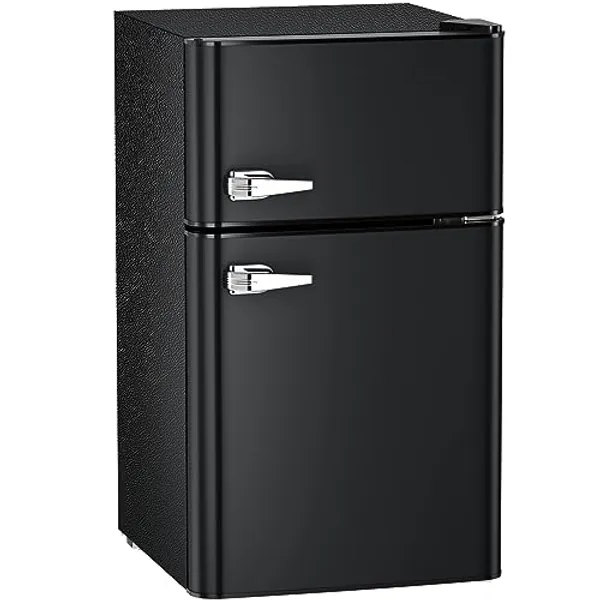 Antarctic Star Compact Mini Refrigerator Separate Freezer, Small Fridge Double 2-Door Adjustable Removable Retro Stainless Steel Shelves Garage Camper Basement/Dorm/Office 3.2 cu ft.Black