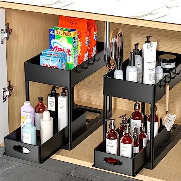 PUILUO 2 Set Under Sink Cabinet Organizer, 2 Tier Storage Under Cabinet Bathroom Under Sink Organizers and Storage Black Under Sink Storage for Bathroom Kitchen