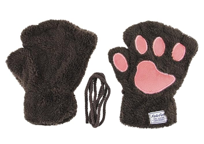 Cute Cat Paw Gloves Faux Fur Plush Winter Fingerless Gloves Mittens Lion Claw Halloween Cosplay Costumes for Women Girls - Light Coffee