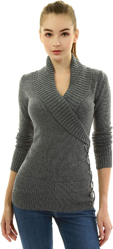 AmélieBoutik Women Shawl Collar Faux Wrap Lace Up Long Sleeve Sweater - Large Medium Gray