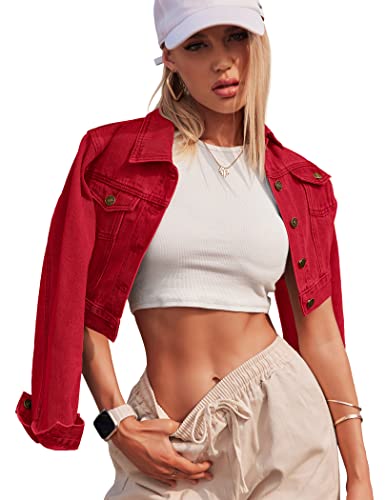 Grabsa Women's Button Down Long Sleeve Cropped Denim Jean Jacket with Pockets - Large - Red