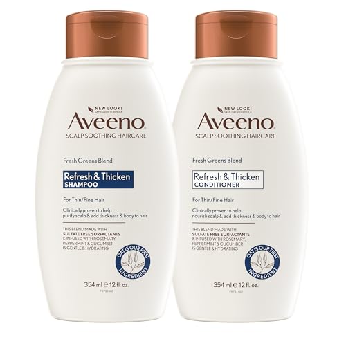 Aveeno Fresh Greens Shampoo + Conditioner with Rosemary, Peppermint & Cucumber to Thicken & Nourish, Clarifying & Volumizing Shampoo for Thin or Fine Hair, Paraben-Free, 12 Fl Oz - Shampoo