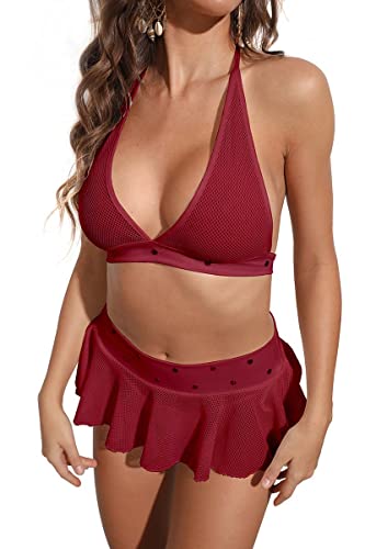 SoulBuds Lingerie Set for Women 3 Pieces Halter Top and Mini Skirt with G-String Pant Black - Small - Wine Red
