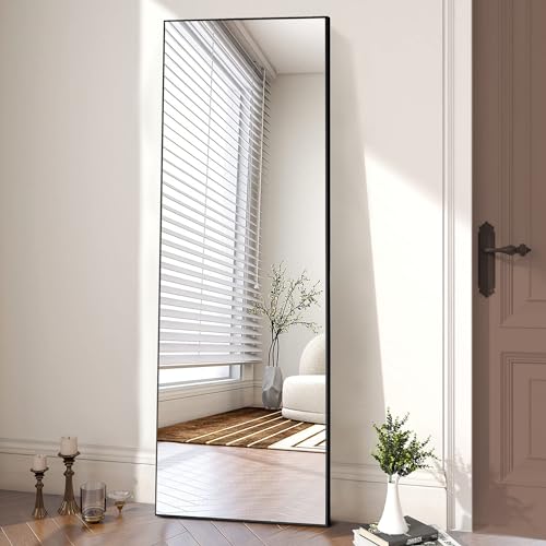 OLIXIS Full Length Mirror 64"x21" for Bedroom, Full Body Mirror with Stand, Hanging or Leaning for Wall, Aluminum Alloy Thin Frame Floor Standing for Living Room, Tall, Black - Black/Rectangle - 64"×21"