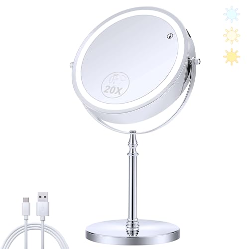 MIYADIVA Lighted Makeup Mirror, 20X Magnifying Mirror with Light, Double Sided Makeup Mirror with 20X/1X Magnification, 360°Rotation, 3 Colors Brightness Adjustable Vanity Mirror with 42 LEDs, 2000mAh - Lighted-20X