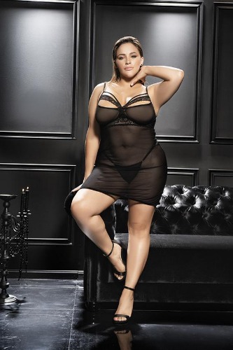 Plus Size Basic Mesh and Lace Accents Babydoll - 2/3X / Black