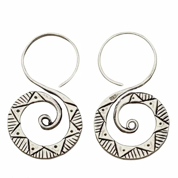 Sterling Silver Boho Hippie Spiral Earrings, Handmade Tribal Ethnic with Geometric Pattern 1 1/2 inches long Swirl Earrings, Gift for her - 