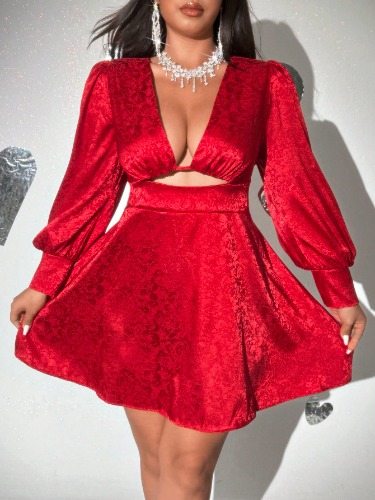 SHEIN Allurite Plus Size V-Neck Jacquard Patterned Casual Dress, Minimalist & Fashionable For Everyday,Valentine