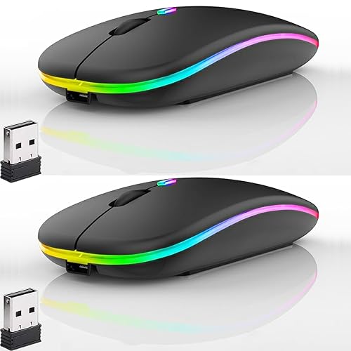 2 Pack LED Wireless Mouse, Slim Silent Dual-Mode 2.4G+BT Rechargable Portable Mobile Optical Office 7-Color Mouse with USB Receiver, 3 Adjustable Levels for Notebook, Computer, MacBook (Black) - 2 Pack black