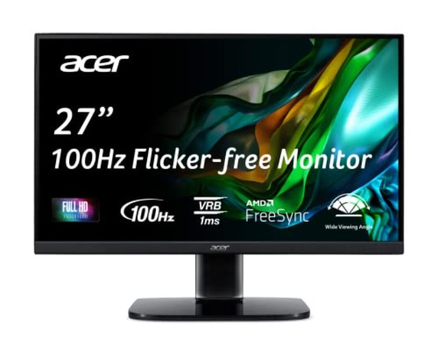 Acer KB272 EBI 27" IPS Full HD (1920 x 1080) Zero-Frame Gaming Office Monitor | AMD FreeSync Technology | Up to 100Hz Refresh | 1ms (VRB) | Low Blue Light | Tilt | HDMI & VGA Ports,Black - Monitor only - 27-inch IPS 100Hz
