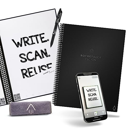Rocketbook Planner & Notebook, Fusion : Reusable Smart Planner & Notebook | Improve Productivity with Digitally Connected Notebook Planner | Dotted, 8.5" x 11", 42 Pg, Infinity Black, with Pen, Cloth, and App - Infinity Black - Letter - Notebook