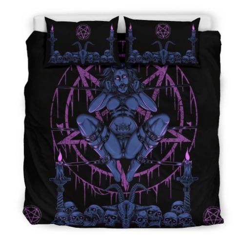 Skull Demon Satanic Baphomet Goat Satanic Pentagram Chained To Sin And Lovin It 3 Piece Duvet Set Erotic Blue Pink | Bedding Set - Black - Skull / US King