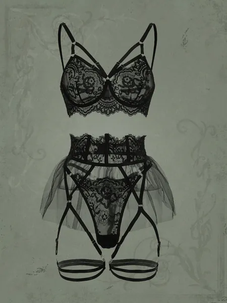 ROMWE Goth Floral Lace Underwire Garter Lingerie Set