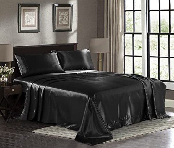 Satin Sheets Queen [4-Piece, Black] Hotel Luxury Silky Bed Sheets - Extra Soft 1800 Microfiber Sheet Set, Wrinkle, Fade, Stain Resistant - Deep Pocket Fitted Sheet, Flat Sheet, Pillow Cases - Queen - Black