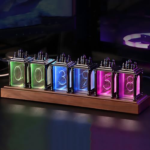 LIROPAU Nixie Tube Clock, RGB LED Tube Clock, with Power-Off Memory Function, DIY Date and Time, Multiple Modes Available, 12/24 Hour Switch, USB Tube Clock for Gift Decoration