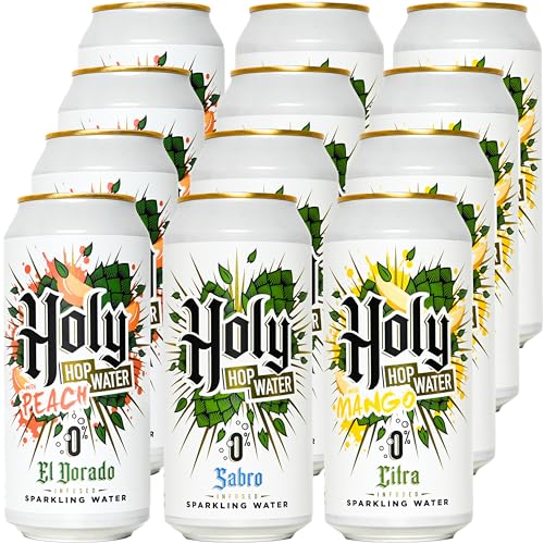 Northern Monk Brew Hop Infused Flavoured Sparkling Water Multipack - Holy Hop Water Trio Peach, Mango & Sabro Mixed Pack - Lightly Carbonated, No Caffeine, Sugar Free Fizzy Drink (12 x 440ml Cans)