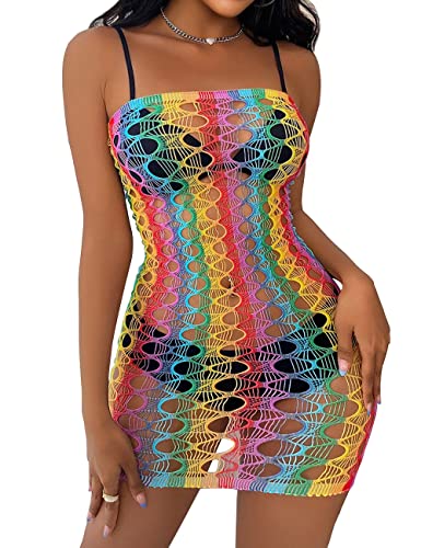 ohyeahlady Women's Stretch Lace Lingerie Fishnet Rainbow Bodystocking Cut-Out Babydoll Mini Dress Chemise Sleepwear, Size UK 8-18 - 14-18 Plus - Multicoloured