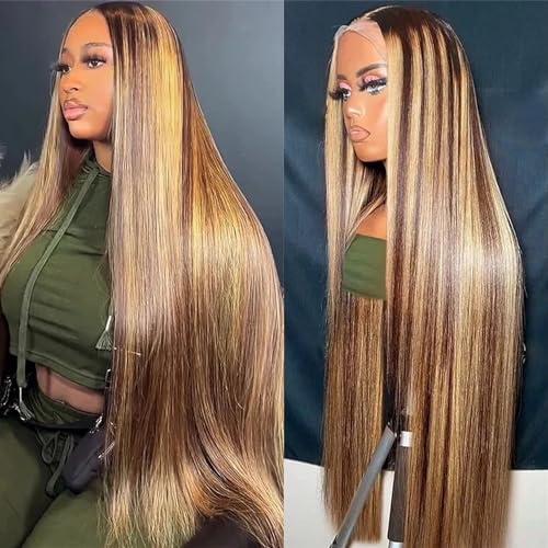 Btomar Ombre Lace Front Wig Human Hair Highlight 13x6 HD Transparent Straight Honey Blonde Lace Front Wigs Human Hair Pre Plucked 180% Density Glueless #4/27 Colored Human Hair Wig for Women (26 Inch) - 26 Inch - P4/27 Honey Blonde