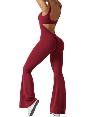 VOYJOY Sleeveless Flare Jumpsuits For Women Padded Backless Tummy Control Bodysuit Scrunch