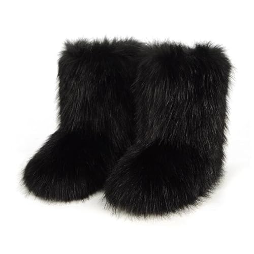 QMFUR Women's Furry Faux Fur Boots Fuzzy Fluffy Mid Calf Snow Boots Suede Warm Fur Lined Booties Flat Fashion Boots - 7 - Black 1