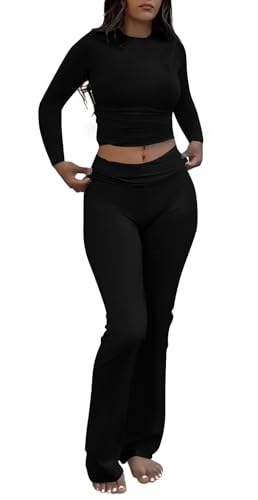 AYWA Women's 2 Piece Outfits Foldover Flare Pants Long Sleeve Crew Neck T-shirt Fitted Pajama Sets - Jet Black - Small