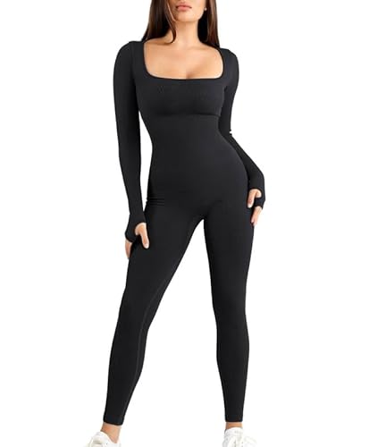 Popilush Jumpsuits for Women Long Sleeve Built-In Bra Square Neck Full Length Leggings Bodycon Stretch Workout Outfits - Small - Black