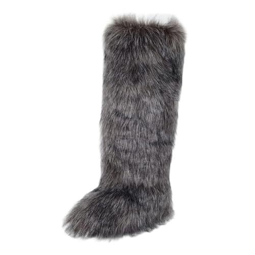 ZSGYCHCY Women's Faux Fur Boots Winter Fluffy Warm Furry Flat Shoes Snow Knee-High Boots - 7 - Grey