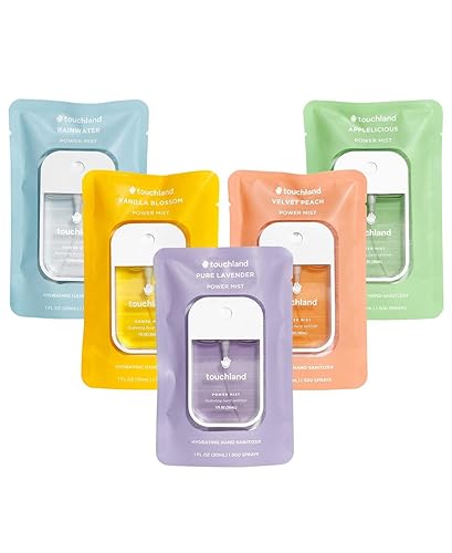 Touchland Power Mist Hydrating Hand Sanitizer Spray, BLOSSOM 5 Set (Lavender, Vanilla, Rainwater, Peach, Applelicious), 1 FL. OZ. Travel Size (Set of 5) - Blossom Five Set