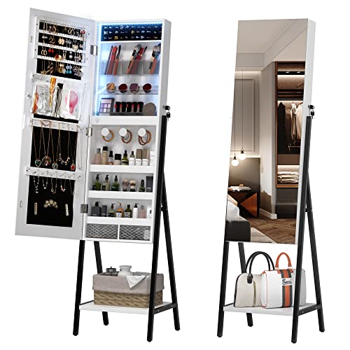 LVSOMT 3 LEDs Mirror Jewelry Cabinet Standing, 42.5" Jewelry Mirror Full Length with Storage, Freestanding Jewelry Armoire Organizer, Floor Mirror with Storage for Jewelry Cosmetics, White - White