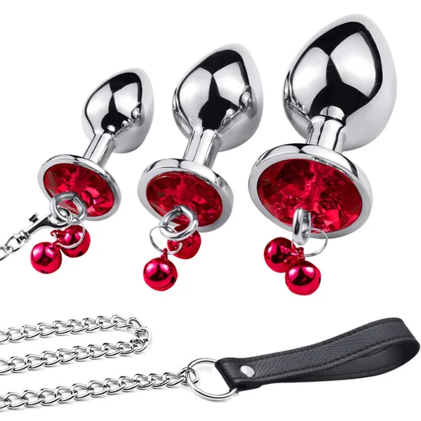 Anal Plug Set mit Metallkette-Small,Medium,Large, Metal Butt Plug mit Glocke und Kristall Herzförmiger Diamant für Frauen Männer Player (Rot)