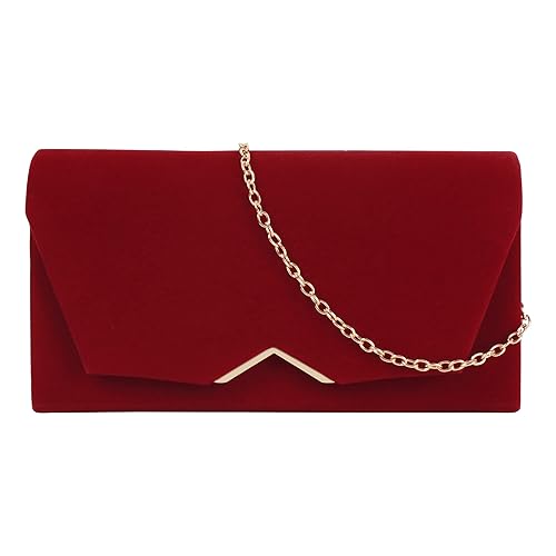 MEGAUK Damen Clutch Samt Abendtasche Elegante Handtasche Envelope Tasche Winter Unterarmtasche mit Kette für Hochzeit Wedding Prom Party - 07220 Rot