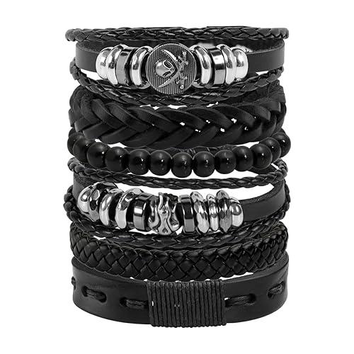 Manfnee 6PCS Geflochtenes Lederarmband für Männer Frauen Holzperlen Manschette Wickelarmband Einstellbar - Q:6Pcs