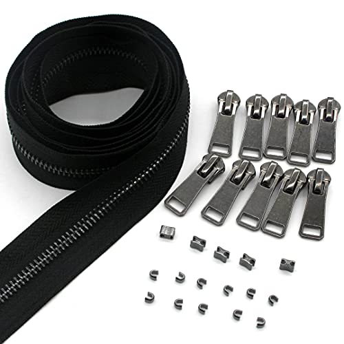 #5 Metal Zippers by The Yard Bulk 2 Yards Black Tape with 10 pcs Sliders Black Nickel Teeth Handmade Zipper for Sewing Craft Bag Backpack, Wallets, Purses Leekayer - Black nickel