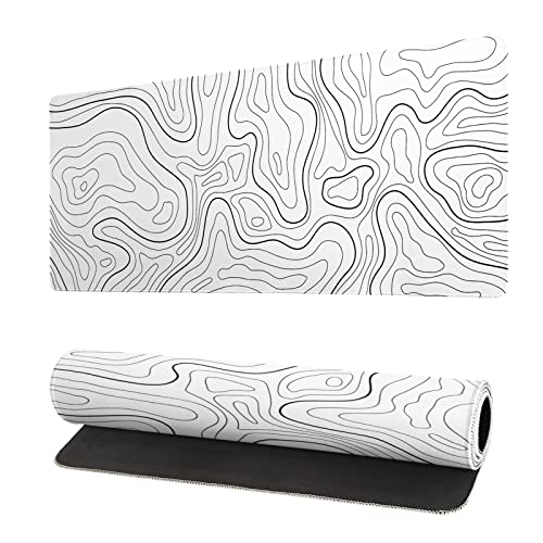 Topographic Contour White Gaming Mouse Pad XL Geographic Map Lines Extended Big Large Desk Mat Non-Slip Rubber Base Stitched Edge Long Keyboard Mousepad for PC Computer Laptop,31.5x11.8 Inch - White Topographic Contour 2