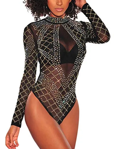 MAYFASEY Women's Bodysuits Sexy Long Sleeves Sheer Mesh See Through Jumpsuit Bodysuit Top Leotard