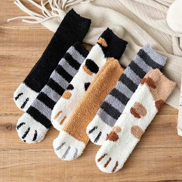Warm Cat Paw Socks, Fuzzy Kawaii Winter Claw Socks, Thick Coral Fleece Sleeping Socks - 6 x Multicolor Socks