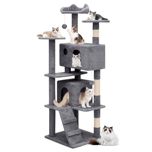 MoNiBloom Cat Tree, 60 Inch Cat Tree Tower with 2 Cat Condo, Cat Tower with Scratching Post, Cat Climbing Tower, Cat Tree for Indoor Cats, Smoky Grey - Smoky Grey