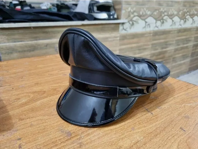 Genuine Real Leather Black Army Muir Biker Peaked Police Gay Bluf Cap Hat