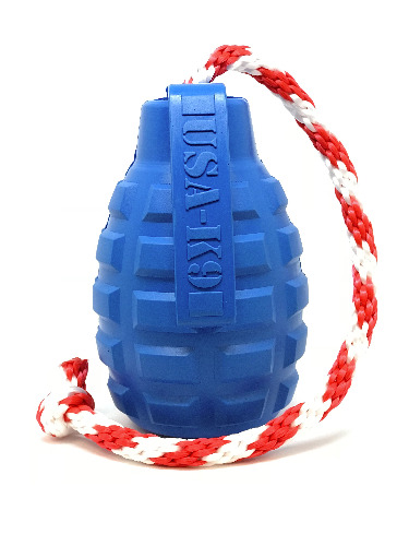 USA-K9 Grenade Durable Rubber Chew Toy, Treat Dispenser, Reward Toy, Tug Toy, and Retrieving Toy - MEDIUM BLUE GRENADE REWARD TOY