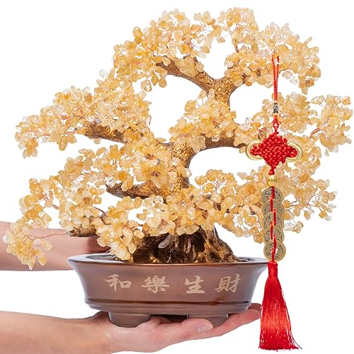 GEMBOURY Natural Large Citrine Tree,14"Feng Shui Money Tree(1251 Gemstone Count)Citrine Crystal Tree for Abundance Prosperity Success Fortune Decoration Tree Bonsai for Home & Office Good Luck Wealth - Citrine