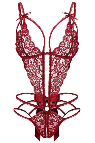 Donnalla Women's Deep V Lace Teddy One Piece Lingerie Cutout Strappy Lingerie - Large - Dark Red