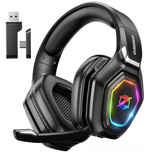 Ozeino 2.4GHz Wireless Gaming Headset with Microphone, 2.4G USB & Type C Transmitter - 30h Battery Life - RGB Lighting Gaming Headphones for PS5, PS4, PC, Phone - Black