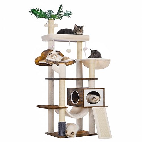 Heybly Wood Cat Tree for Indoor Cats, Cat Condo for Large Cats,Modern Cat Scratching Tower with Basket,Hammock,Dangling Ball and Leaves,Rustic Brown HCT120SR - Rustic Brown