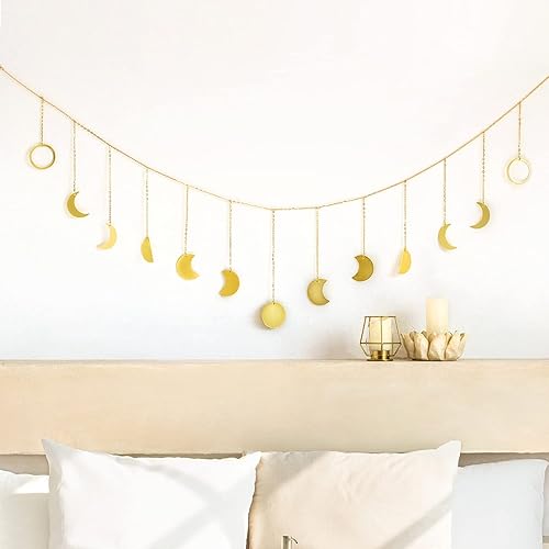 Mkono Moon Phase Wall Hanging Boho Aesthetic Room Decor Metal Moons Garland Hanging Art Bohemian Home Decoration for Girls Room Nursery Bedroom Livingroom Dorm, Ideal, Gold, 55" - Gold - Large