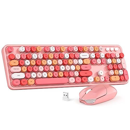 MOWUX Wireless Keyboard and Mouse Combo, Colorful Computer Full Size 2.4G Plug and Play Wireless Typewriter Keyboard and Mouse Set for Windows, Computer, Desktop, PC, Notebook - Pink Colorful - Pink Colorful- Wireless