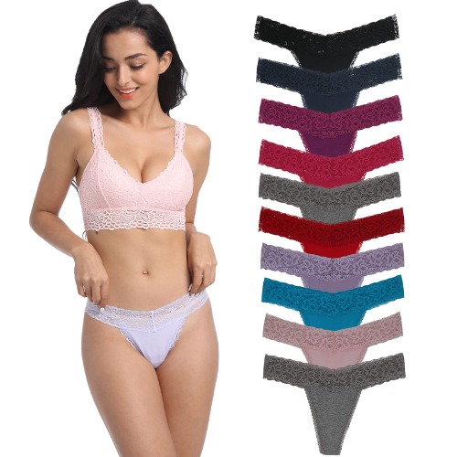 Women's Lace Thongs, T Back Low Waist See Through Panties Sexy Seamless V-Shape Design Lace Thongs for Women - Multicolor 10pcs Small