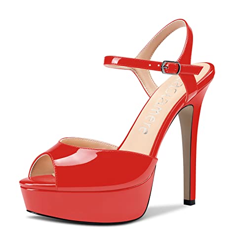 CASTAMERE Femmes Aiguille Haut Plate-forme Talon Ouvert Bout Sandales Lanières Cheville Slingback Boucle Escarpins Mariage Party Dress Chaussures 13CM Heels - 37 EU - Rouge Vernis