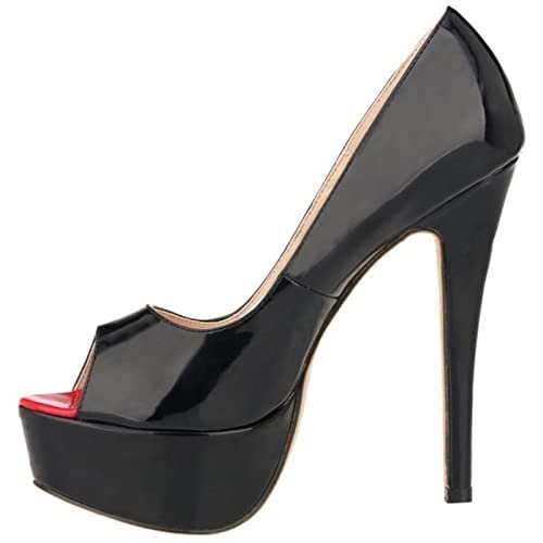 QIANKUN Chaussures à talons hauts sexy à bout ouvert en cuir verni pour femme Rouge - Noir - 37 EU