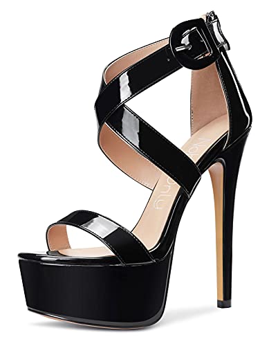 Escarpins Femme Plateforme Bout Ouvert Sandale Bride Cheville 15CM Aiguilles High Heels - 37 EU - Noir Vernis